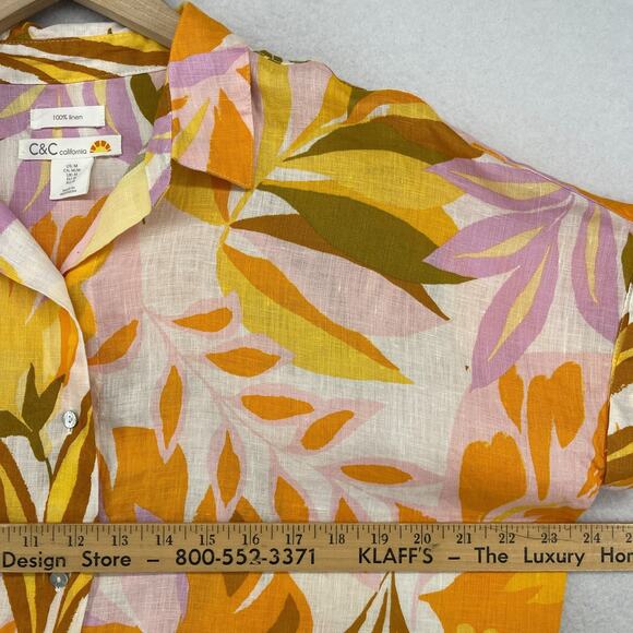 C&C CALIFORNIA Top M 100% Linen Tropical Leaf Camp Shirt Button Front Yellow - Picture 11 of 13
